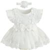 Happy Cherry - Vestito da bambina con pizzo senza maniche per battesimo matrimonio cerimonia ragazze neonate abiti da festa fores estate cotone elegante con fascia - 0-18 mesi, bianco, 3-6 Mesi
