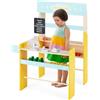 COSTWAY Bancarella in Legno per Bambini, Set di Giocattoli da Supermercato per Bambini con Registratore di Cassa in Legno, Terminale POS e Scanner, 36 Frutta e Verdura da Tagliare, 3 Anni+