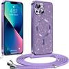 Phoona Glitter Cover per iPhone 13/ iPhone 14 6,1 con Cordino, Antiurto Silicone Protezione, Compatibile con MagSafe Cover con Cordino, Anti Graffi, Non Ingiallente, Viola