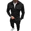 OBiQuzz Tuta da uomo per il tempo libero, in cotone senza cappuccio, set di tuta sportiva a maniche lunghe, con bottoni e tasche, tinta unita, da jogging, casual, casual, da casa, Nero , XXL