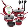 NutriChef Set di Pentole e Padelle Antiaderenti da 13 Pezzi, Resistenti al Calore, con Pentolino, Padelle, Pentole, Casseruola, Coperchi e Utensili, Rosso
