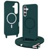 Bigcousin Magnetica Cover con Cordino per Samsung Galaxy S25 Plus,[Compatibile con MagSafe], Cover in Silicone, Regolabile Cordino da Collo Nylon Catena Collana Tracolla,Verde