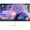 Amzfast Monitor da Gaming 24 Pollici - 200Hz, FHD 1920x1080, Fast IPS, 1ms MPRT, 80% DCI-P3, 110% sRGB, HDR, Anti-Luce Blu, Adaptive Sync, VESA 75x75, HDMI 2.0/DP 1.4, Bianco - AMZG24X1W