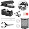 CEWROM Set di utensili da ufficio, accessori da scrivania, colore nero, accessori per ufficio, cucitrice e nastro adesivo, con rimuovi punti, graffette, portapenne, clip, forbici, regali per colleghi