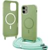 Bigcousin Magnetica Cover con Cordino per iPhone 12 Mini,[Compatibile con MagSafe], Cover in Silicone, Regolabile Cordino da Collo Nylon Catena Collana Tracolla,Verde Matcha