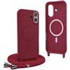 YFSYLL Magnetica Cover per iPhone 16 Plus con Cordino,Compatibile con MagSafe,Silicone Case con Regolabile Cordino da Collo Nylon Catena Collana Tracolla - Rosso