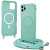 Bigcousin Magnetica Cover con Cordino per iPhone 13 Pro Max 6.7 Zoll,[Compatibile con MagSafe], Cover in Silicone, Regolabile Cordino da Collo Nylon Catena Collana Tracolla,Verde menta