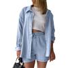 MSIYOW Tuta Donna Camicia a Maniche Lunghe e Pantaloncini in Lino Completo Donna Casual Y2K Set di 2 Pezzi Primavera Autunno (S, Blu)