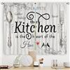 Riyidecor Tende da cucina rustiche da 140 x 99 cm con tasca per asta, rustiche, corte, piccole forchette e cucchiaio, tavola in legno, retrò, vintage, con stampa in legno, per soggiorno, camera da