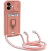 BGHHEU Cover con Cordino per iPhone 16 Plus,Custodia con Collana Collo Silicone Antiurto Case,Protezione Fotocamera Slot Carte 360° Anello Supporto,Silicone Case,Pink