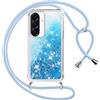 Vauki Cover per Samsung Galaxy A26 5G con Cordino, Trasparente Glitter Liquido Antiurto Brillantini Tracolla Custodia, Antiurto Antigraffio Silicone Bumper Laccio Protettivo Case, Azzurro/Blu