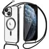 Oelrstfe Magnetica Cover per iPhone 14 6,1 con Cordino Regolabile, Compatibile con MagSafe, Trasparente Custodia con Collana Tracolla Laccio Collo Morbido TPU Silicone Lanyard Case Antiurto, Nero