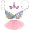 HTTDSLF 9 Pezzi Costume Unicorno Bambina Set, Tutu Bambina, Set Principessa Tulle Gonna con Fascia per Unicorno, Ali Colorate, Gioielleria di Unicorno per Carnevale Halloween Festa di Compleanno, Rosa