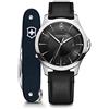 Victorinox Set Orologio Uomo Alliance Ø 40 mm e Coltellino Svizzero, Swiss Made, Quarzo Analogico, Impermeabile fino a 100 m, Cinturino in Pelle, Nero