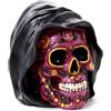 Puckator Teschio Messicano con Decorazioni Viola e Cappuccio - Scultura in Resina Ornamentale - Statuetta Accessorio Gotico per Casa e Halloween