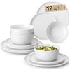MALACASA Servizio di Piatti per 4 Persone, 12 Pezzi Set Piatti Moderni con 4 Piatti Piani, 4 Piatti da Dessert, 4 Ciotole per Cereali, Bianco - Serie LEXI