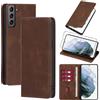 Vauki Cover per Samsung Galaxy S21 5G con 1 Vetro Temperato Custodia in Pelle PU Slot Schede Flip TPU Silicone Case Supporto Stand Magnetica Antiurto Caso per Samsung Galaxy S21 5G 6.2, Marrone