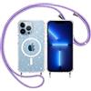 Yoedge Trasparente Glitter Cover Magnetica con Cordino per Apple iPhone 13 Pro 6,1, Custodia Bling Brilla Tracolla Compatibile con MagSafe Magnetico Ricarica Wireless Case per iPhone13 Pro, Viola