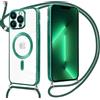 Oelrstfe Magnetica Cover per iPhone 13 Pro 6.1 con Cordino Regolabile, Compatibile con MagSafe,Trasparente Custodia con Collana Tracolla Laccio Collo TPU Silicone Lanyard Case Antiurto, Verde