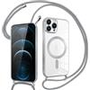 Pnakqil Magnetica Cover con Cordino per iPhone 12 Pro Max, Compatibile con Magsafe Ricarica Wireless, Trasparente Placcatura Disegno Custodia con Collana Tracolla Resistente Protettiva Case, Argento