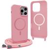 YFSYLL Magnetica Cover per iPhone 15 Pro Max con Cordino,Compatibile con MagSafe,Silicone Case con Regolabile Cordino da Collo Nylon Catena Collana Tracolla - Pink