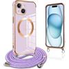 Pnakqil per Magnetica Cover per iPhone 15 Plus con Cordino, Compatibile con MagSafe, Ultra Sottile Cuore Silicone Custodia con Laccio Tracolla, Elettrolitico TPU Case con Collana, Viola