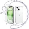 Votvloay Cover Cordino per iPhone 15 Plus 6,7 con 2 x Pellicola Protettiva Vetro Temperato, Trasparente Custodia con Laccio Tracolla Corda, Sottile TPU Silicone PC Antiurto Case, Bianco