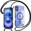 Pnakqil Magnetica Cover con Cordino per iPhone 16 Plus, Compatibile con Magsafe Ricarica Wireless, Trasparente Placcatura Disegno Custodia con Collana Laccio Tracolla per iPhone 16 Plus, Nero