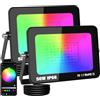 PICAA Faro da Lavoro a LED RGB Smart 50W, 5000LM Esterno, 16 Milioni di Colori, Controllo Wireless via App, Impermeabile IP66, Illuminazione Giardino per Feste Disco con Spina UE (2 pz)