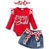 LUVCES Vestiti per Neonata Maniche Lunga con Volant Lettere Stampa Tutina+ Gonna in Denim a Cuore Abito Set per Neonati San Valentino Vestiti Autunno Maniche lunghe rosse MaMa 6-12 Mesi