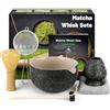 kurkip 7 pezzi Kit Cerimonia Giapponese Matcha, Frullino Matcha in Resinoso Gialla, Ciotola Matcha, Paletta Bambù, Colino, Strofinaccio, Portacucchiaio, Porta Frullino, Set Matcha Completo, Nero Maculato