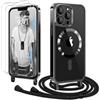 Ethanger Magnetica Cover con Cordino per iPhone 13 Pro Custodia con 2 Vetro Temperato, Trasparente Ultra Sottile Antiurto Silicone Protettiva Cover con Laccio per iPhone 13 Pro Nero