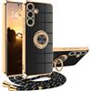 XCYYOO Cover per Samsung Galaxy S25 5G con Cordino, Custodia S25 5G Samsung con Tracolla, Case Antiurto 360°Metallo Ring Kickstand Litetettiva Auto,Cover per Samsung Galaxy S25 5G con cord -Nero
