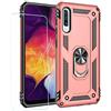 JOYTAG Cover per Samsung A50 Custodia + Vetro temperato Silicone TPU 360 Grado Anello Girevole Magnetico Supporto Cassa del Telefono dell'auto Case-Rose Gold