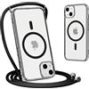 Yoedge Magnetica Cover per iPhone 14 Plus con Cordino, Compatibile con Magsafe, Traslucida Opaca Ultra Sottile Silicone Antiurto Custodia con Collana Laccio Tracolla, Nero