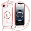 Oelrstfe Magnetica Cover per iPhone 16e 6.1 con Cordino Regolabile, Compatibile con MagSafe,Trasparente Custodia con Collana Tracolla Laccio Collo TPU Silicone Lanyard Case Antiurto, Rosa