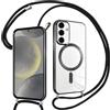 Pnakqil Magnetica Cover con Cordino per Samsung Galaxy S24 5G, Compatibile con Magsafe Ricarica Wireless, Placcatura Disegno Custodia con Collana con Regolabile Laccio Tracolla, Nero