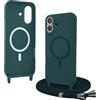 Bigcousin Magnetica Cover con Cordino per iPhone 16 Plus,[Compatibile con MagSafe], Cover in Silicone, Regolabile Cordino da Collo Nylon Catena Collana Tracolla,Verde