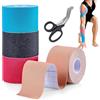 FLZONHUT Tape Kinesiologico,4 Rotoli Tape Sportivo,5 cm*5 M Nastro Kinesiologico Impermeabile ed Elastico con Forbici Speciali Kinesio Taping per Ginocchio,Spalla e Gomito,Fisioterapiche