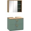 kleankin Set di mobili per il bagno mobile specchio + pensile con ripiani regolabili 2 cassetti design scandinavo verde