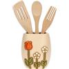 THUN, Porta mestoli in Ceramica con Mestoli in Legno, Linea Happy Country, Idea Regalo per la Cucina, Ø 12 cm, h 15.5 cm, Mestoli 30.5 cm