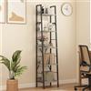 DWVO Libreria alta e stretta a 5 ripiani, scaffale industriale a scala, scaffali in legno e metallo sottile e sottile, scaffale moderno per soggiorno, corridoio, ufficio, Grigio
