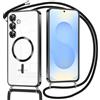 Oelrstfe Magnetica Cover per Samsung Galaxy S25 Plus con Cordino Regolabile, Compatibile con MagSafe,Trasparente Custodia con Collana Tracolla Laccio Collo TPU Silicone Lanyard Case Antiurto, Nero