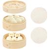 BULZEU Vaporiera Bamboo, 2 Livelli Cestello Cottura a Vapore, Ø 21CM Vaporiera Bamboo Vaporiera Cinese con 2 Panni in Cotone, per Riso, Dim Sum, Verdure, Ravioli di Carne e Pesce
