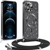 Phoona Glitter Cover per iPhone 12 Pro Max 6,7 con Cordino, Antiurto Silicone Protezione, Compatibile con MagSafe Cover con Cordino, Anti Graffi, Non Ingiallente, Nero