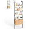 HOMASIS Scaffale a Scala con 4 Livelli e Armadio in PE Rattan, Scaffale da Parete, Libreria Stretta e Alta con Protezione Antiribaltamento per Soggiorno, 60 x 31,5 x 184 cm, Naturale