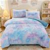 SUCSES Set di biancheria da letto matrimoniale con copripiumino e 2 federe, in morbido velluto a pelo lungo, con tintura a nodi, blu