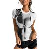 EVELUST Maglia da donna con stampa 3D Body Crop Top - Y2k Abbigliamento Grafica Tee Estate Casual Manica Lunga Girocollo, Bianco corto, XL