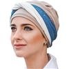 CAREBELL Turbante oncologico/Modello Elegance/Design Blue Gold/Tessuto di bambù/Fatto a mano in Spagna/Chemioterapia e Alopecia/Pelle sensibile/Perdita di capelli
