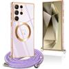 Pnakqil per Magnetica Cover per Samsung Galaxy S24 Ultra con Cordino, Compatibile con MagSafe, Ultra Sottile Cuore Silicone Custodia con Laccio Tracolla, TPU Case con Collana, Viola